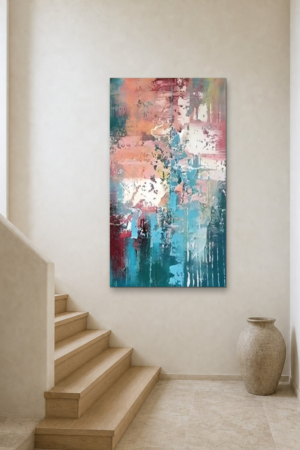 Coral Reef shown at 90 × 150 cm above a stair landing