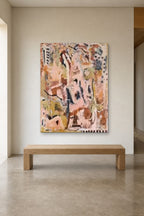 Pink Fragments shown at 120 × 150 cm above a 180 cm oak bench