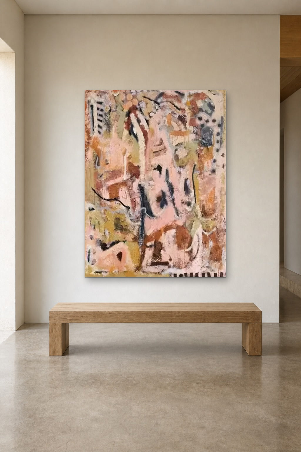 Pink Fragments shown at 120 × 150 cm above a 180 cm oak bench