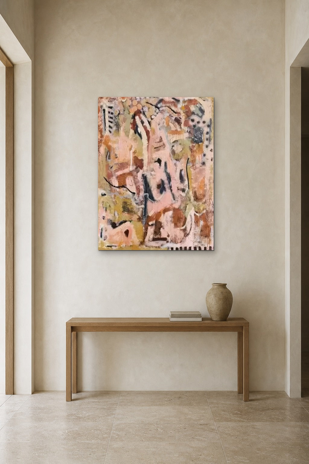 Pink Fragments shown at 90 × 120 cm above a 140 cm oak console