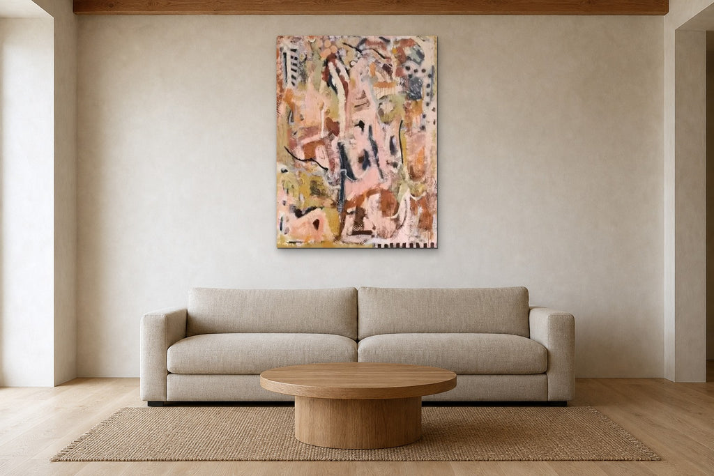 Pink Fragments shown at 90 × 120 cm above a 240 cm linen sofa