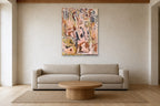 Pink Fragments shown at 90 × 120 cm above a 240 cm linen sofa
