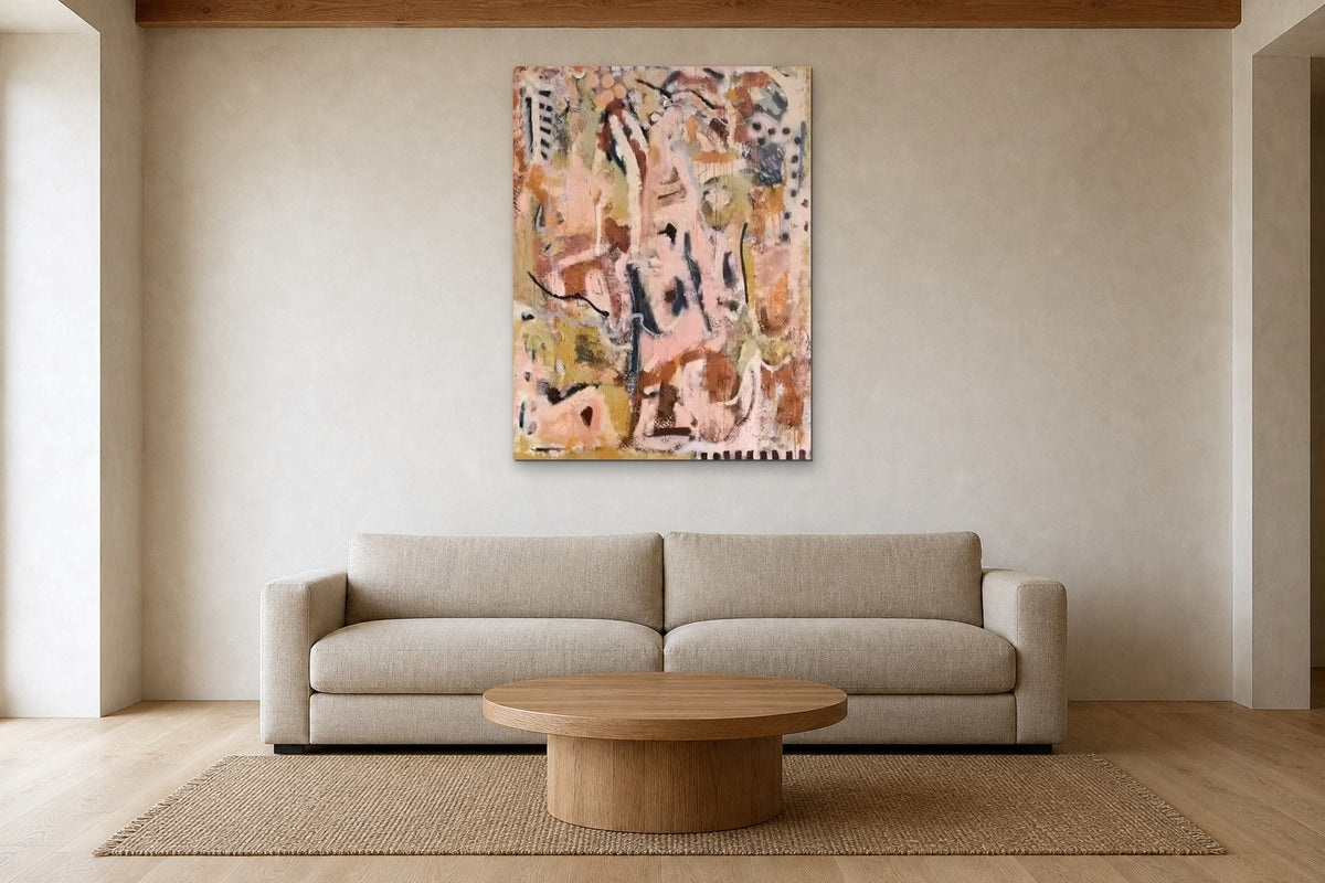 Pink Fragments shown at 90 × 120 cm above a 240 cm linen sofa