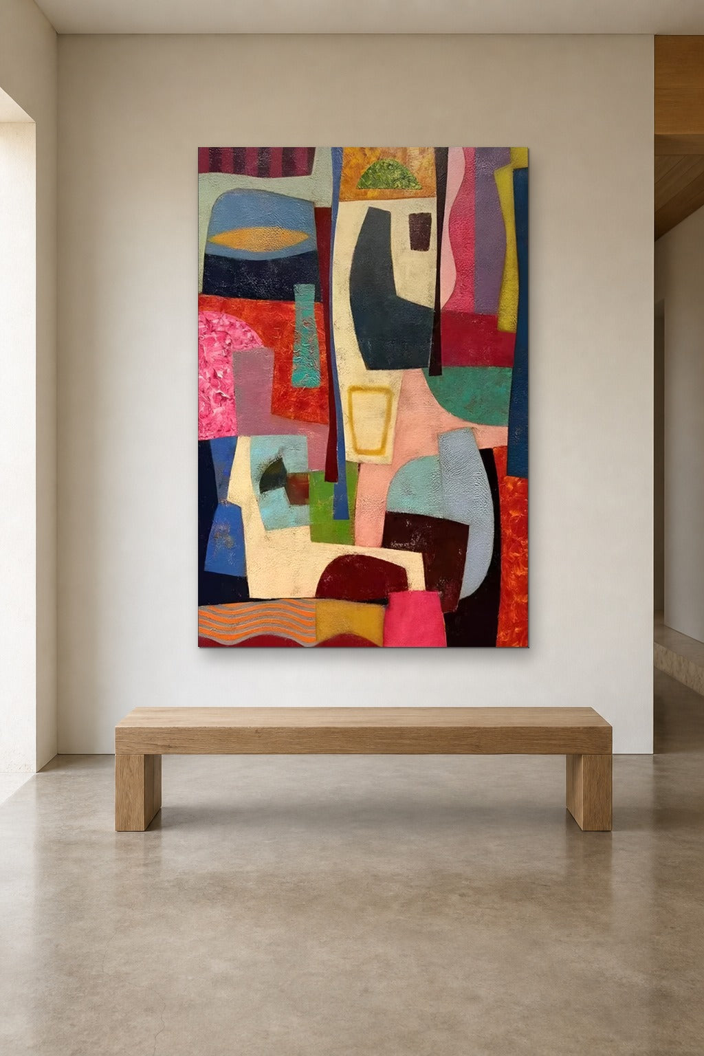 Colour Collage shown at 120 × 180 cm above a 180 cm oak bench