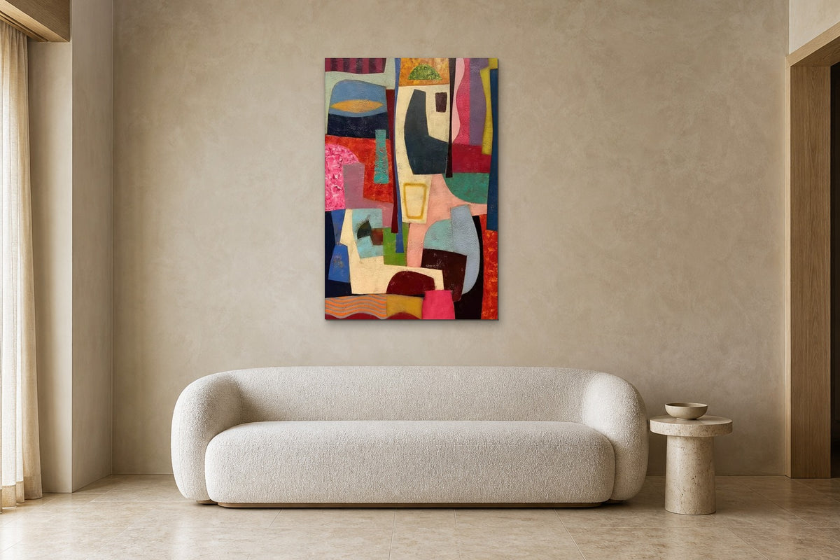 Colour Collage shown at 80 × 120 cm above a 220 cm boucle sofa