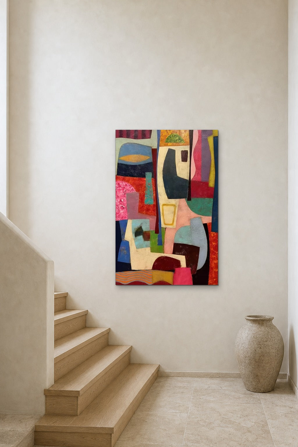 Colour Collage shown at 80 × 120 cm above a stair landing